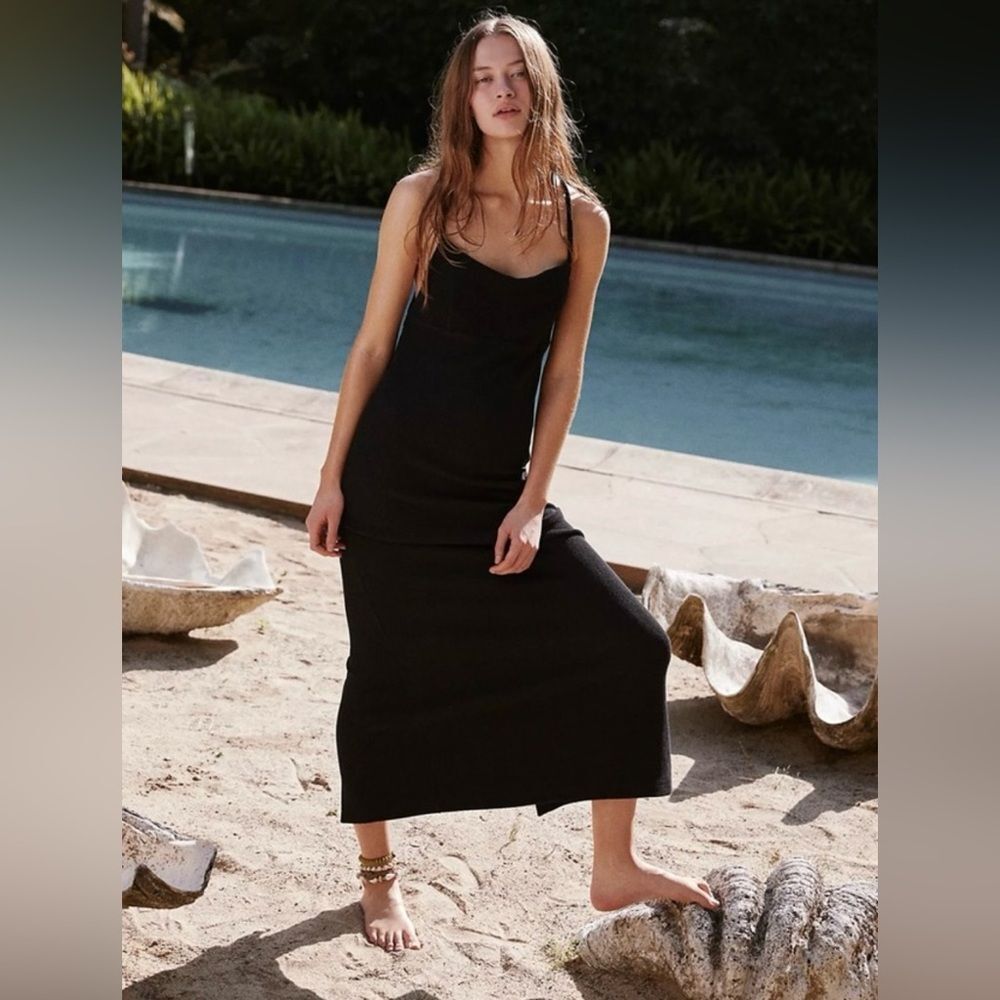 Free People Moss Black Textured Knit Midi Dress Cowl Neck Open Back Medium